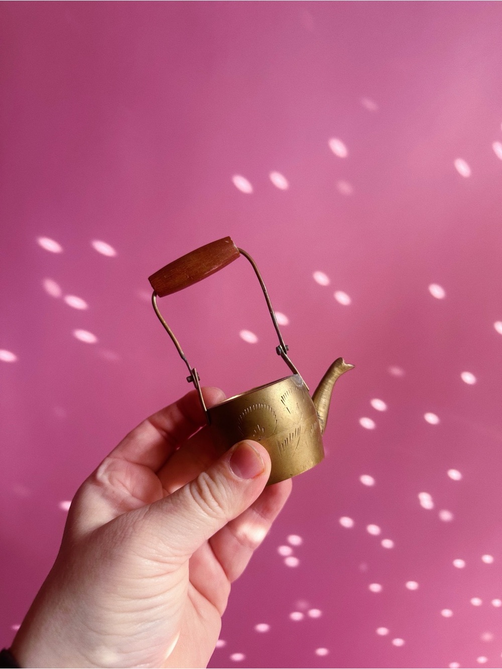 Vintage Brass Mini Teapot with Wooden Handle - Gold